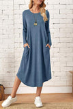 Lutaotie Casual Simplicity Solid Pocket O Neck Long Sleeve Dresses