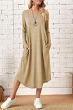 Lutaotie Casual Simplicity Solid Pocket O Neck Long Sleeve Dresses