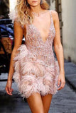 Lutaotie Sexy Solid See-through Feathers V Neck Princess Dresses