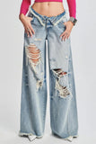 Lutaotie Casual Solid Ripped Patchwork Mid Waist Regular Denim Jeans (Subject To The Actual Object)