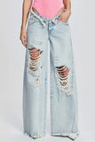 Lutaotie Casual Solid Ripped Patchwork Mid Waist Regular Denim Jeans (Subject To The Actual Object)