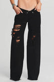 Lutaotie Casual Solid Ripped Patchwork Mid Waist Regular Denim Jeans (Subject To The Actual Object)