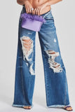 Lutaotie Casual Solid Ripped Patchwork Mid Waist Regular Denim Jeans (Subject To The Actual Object)