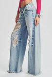 Lutaotie Casual Solid Ripped Patchwork Mid Waist Regular Denim Jeans (Subject To The Actual Object)