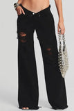 Lutaotie Casual Solid Ripped Patchwork Mid Waist Regular Denim Jeans (Subject To The Actual Object)