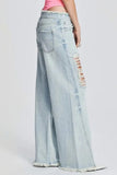 Lutaotie Casual Solid Ripped Patchwork Mid Waist Regular Denim Jeans (Subject To The Actual Object)