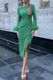 Lutaotie Elegant Solid Feathers Slit O Neck A Line Dresses