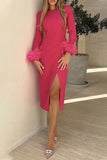 Lutaotie Elegant Solid Feathers Slit O Neck A Line Dresses