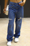 Lutaotie Casual Vintage Solid Ripped Mid Waist Loose Denim Jeans