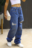 Lutaotie Casual Vintage Solid Ripped Mid Waist Loose Denim Jeans