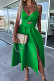 Lutaotie Sexy Celebrities Solid Hollowed Out Pocket Slit V Neck Evening Dress Dresses