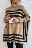 Lutaotie Street Striped Patchwork Pocket Turtleneck Tops