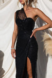 Lutaotie Sexy Formal Solid Sequins Slit Oblique Collar Evening Dress Dresses