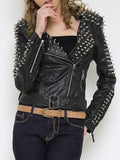 lutaotie Casual Punk Solid Rivets Turndown Collar Outerwear