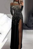 Lutaotie Elegant Formal Print Slit Sequined Turtleneck Evening Dress Dresses(Pattern Printing Is Not Sequins)