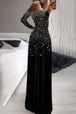 Lutaotie Elegant Formal Print Slit Sequined Turtleneck Evening Dress Dresses(Pattern Printing Is Not Sequins)