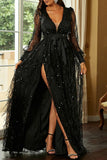 Lutaotie Elegant Formal Print Tassel Sequins High Opening V Neck Evening Dresses