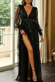 Lutaotie Elegant Formal Print Tassel Sequins High Opening V Neck Evening Dresses