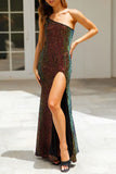 Lutaotie Sexy Formal Solid Sequins Slit Oblique Collar Evening Dress Dresses