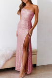 Lutaotie Sexy Formal Solid Sequins Slit Oblique Collar Evening Dress Dresses