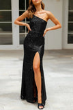 Lutaotie Sexy Formal Solid Sequins Slit Oblique Collar Evening Dress Dresses