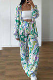 Lutaotie Casual Print Cardigan Pants Turndown Collar Long Sleeve Two Pieces