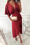 Lutaotie Elegant Solid Asymmetrical V Neck Irregular Dress Dresses