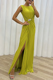 Lutaotie Elegant Formal Solid Slit Fold O Neck Evening Dress Dresses