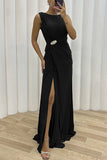 Lutaotie Elegant Formal Solid Slit Fold O Neck Evening Dress Dresses