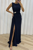 Lutaotie Elegant Formal Solid Slit Fold O Neck Evening Dress Dresses