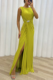 Lutaotie Elegant Formal Solid Slit Fold O Neck Evening Dress Dresses