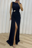 Lutaotie Elegant Formal Solid Slit Fold O Neck Evening Dress Dresses