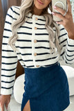 lutaotie Elegant College Striped Buttons Contrast O Neck Outerwear