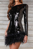 Lutaotie Sexy Party Solid Sequins Feathers Asymmetrical Oblique Collar Evening Dress Dresses