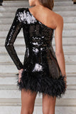 Lutaotie Sexy Party Solid Sequins Feathers Asymmetrical Oblique Collar Evening Dress Dresses