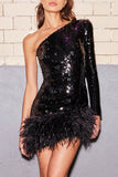 Lutaotie Sexy Party Solid Sequins Feathers Asymmetrical Oblique Collar Evening Dress Dresses