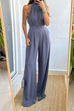 Lutaotie Casual Simplicity Solid Fold Halter Loose Jumpsuits