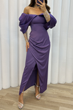 Lutaotie Elegant Solid Slit Fold Off the Shoulder Evening Dress Dresses