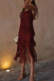 Lutaotie Sexy Vintage Solid Tassel Square Collar Sling Dress Dresses