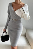 Lutaotie Casual Patchwork Contrast V Neck Long Sleeve Dresses