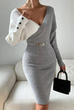 Lutaotie Casual Patchwork Contrast V Neck Long Sleeve Dresses