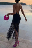 Lutaotie Sexy Solid Tassel Halter Sleeveless Dress Dresses