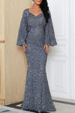 Lutaotie Elegant Formal Solid Sequins V Neck Evening Dress Dresses