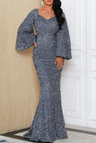 Lutaotie Elegant Formal Solid Sequins V Neck Evening Dress Dresses