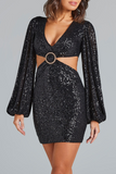 Lutaotie Sexy Solid Sequins Sequined V Neck Wrapped Skirt Dresses