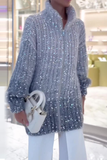 Lutaotie Casual Celebrities Elegant Sequins Turndown Collar Sweaters(3 Colors)