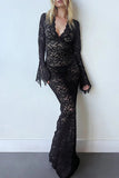 Lutaotie Street Solid Lace Patchwork See-through V Neck Long Dress Dresses