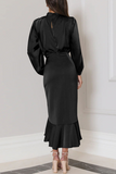 Lutaotie Elegant Solid Flounce Fold Turtleneck Evening Dress Dresses