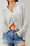 Lutaotie Casual Solid Sequins Sequined Turndown Collar Tops