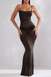 Lutaotie Sexy Patchwork Hot Drilling See-through Backless Spaghetti Strap Long Dress Dresses